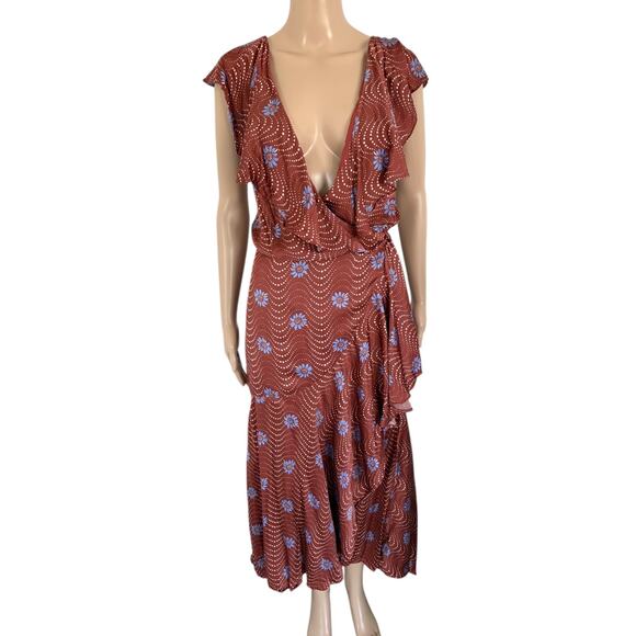 Anthropologie Ruffle Wrap Midi Dress Deep V Floral Boho Cottagecore Flowy Satin - Picture 2 of 9